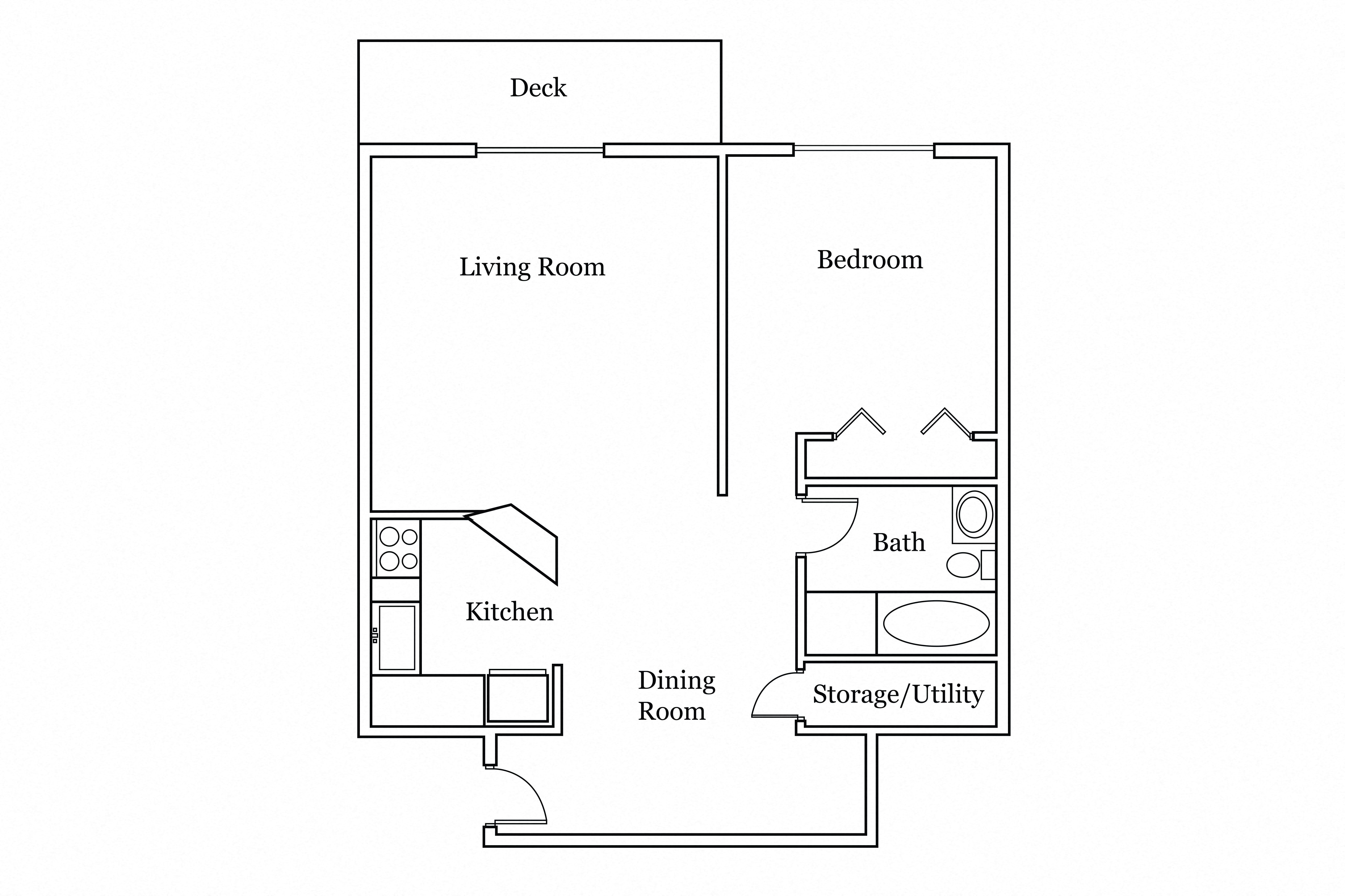 Floor plan for 1 bed, 1 bath, 834 sqft